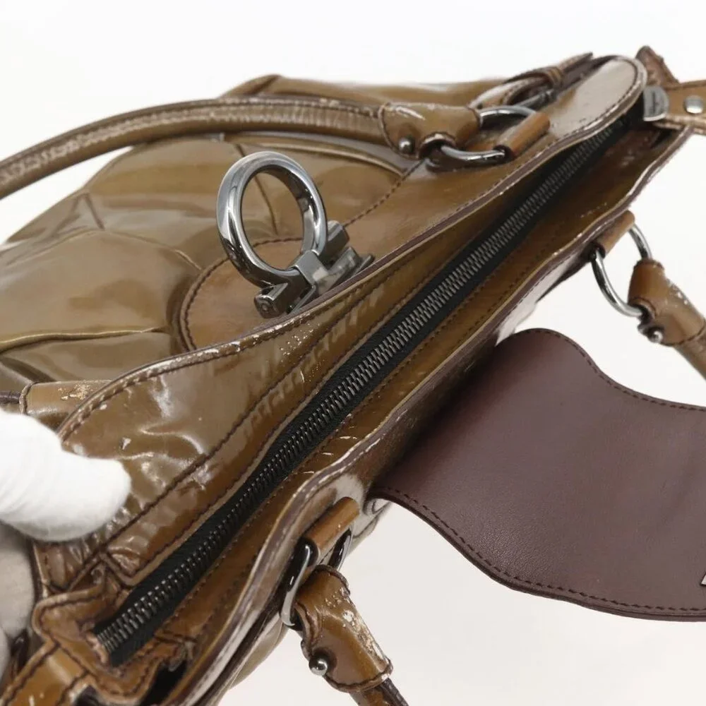 Authentic Salvatore Ferragamo Gancini Shoulder Bag Enamel Brown Silver - Picture 13 of 16